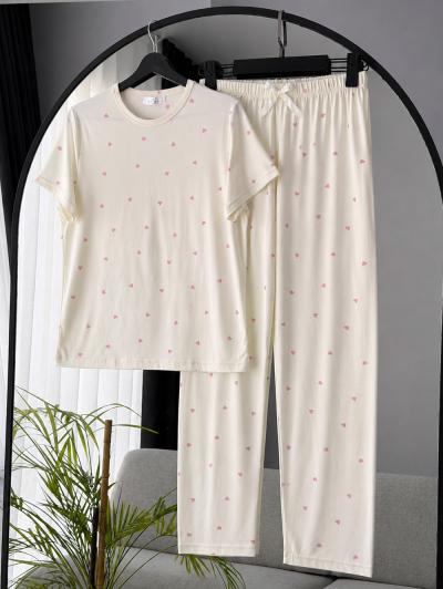 Küçük Kalp Desenli Pijama Takımı_Krem Pembe