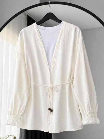 Kuşağı Boncuklu Kol Ucu Püsküllü Keten Kimono_Ekru