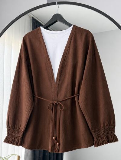 Kuşağı Boncuklu Kol Ucu Püsküllü Keten Kimono_Kahve