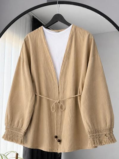 Kuşağı Boncuklu Kol Ucu Püsküllü Keten Kimono_Vizon
