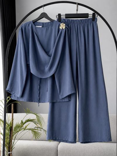 Omuzu Broşlu İnce Kuşaklı Tencel Pantolonlu Takım_İndigo