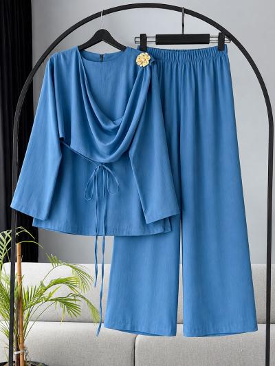 Omuzu Broşlu İnce Kuşaklı Tencel Pantolonlu Takım_Mavi