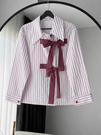 Önü İki Bağlamalı Çizgili Poplin Gömlek_Ekru Bordo