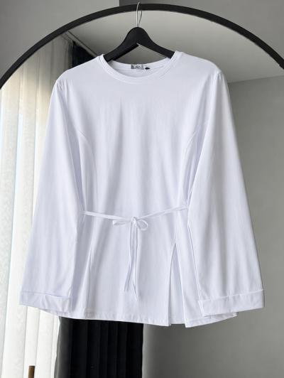 Önü Yırtmaçlı Beli Bağlamalı Tunik_Beyaz