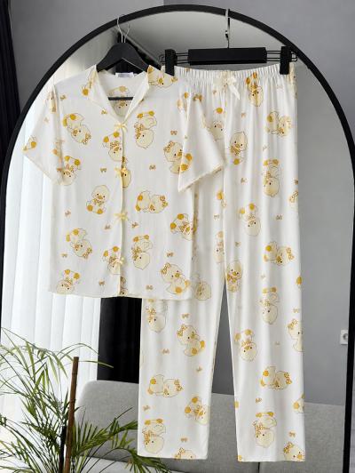 Ördek Desenli Kurdeleli Pijama Takımı_Ekru