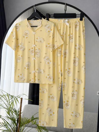 Ördek Desenli Kurdeleli Pijama Takımı_Sarı