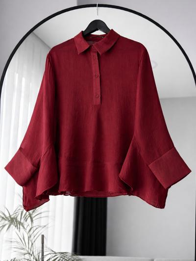 Patı Düğmeli Volanlı Oversıze Tül Bluz_Bordo