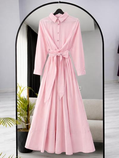 Patı Düğmeli Beli Kuşaklı Bağlamalı Poplin Elbise_Açık Pembe