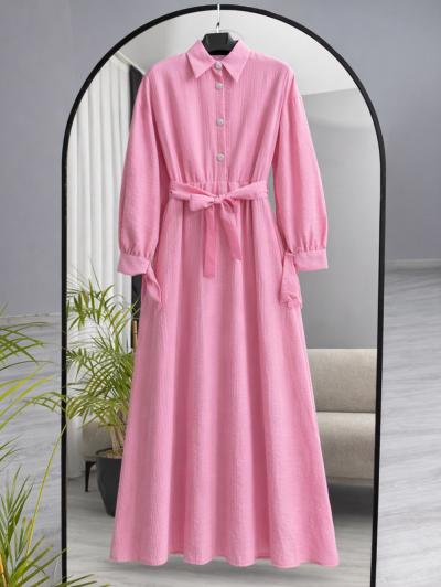 Patı Taş Düğmeli Kolları Bağlamalı Elbise_Pembe