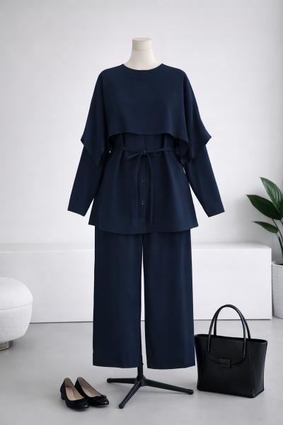 Pelerinli İnce Kuşaklı Pantolonlu Gabardin Takım_Lacivert