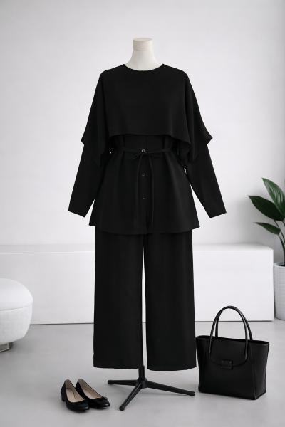 Pelerinli İnce Kuşaklı Pantolonlu Gabardin Takım_Siyah