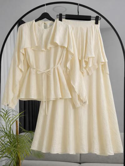 Pelerinli Müslin Tencel Etekli Takım_Krem