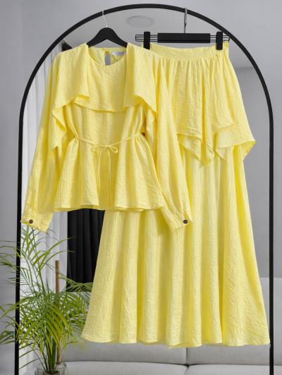 Pelerinli Müslin Tencel Etekli Takım_Sarı