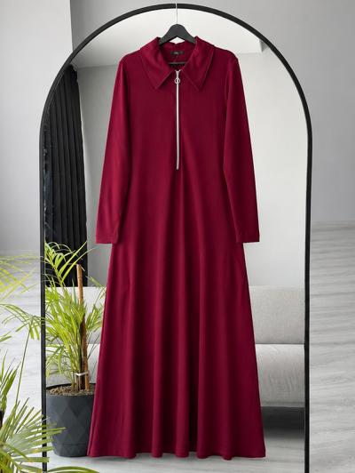 Polo Yaka Patı Fermuarlı Kristal Elbise_Bordo