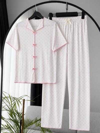 Puantiyeli Kurdeleli Pijama Takımı_Ekru