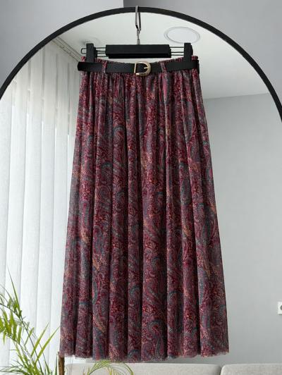 Şal Desenli Deri Kemerli Tül Etek_Bordo