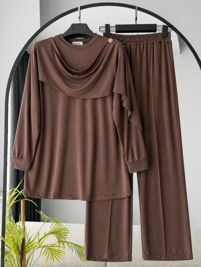 Şal Yaka Tek Düğmeli Pantolonlu Pike Takım_Kahve
