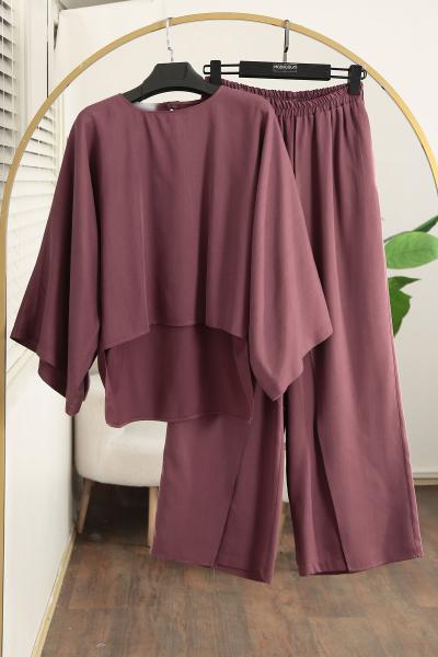 Salaş Arkası Uzun Anvelop Pantolonlu Tencel Takım_Gül