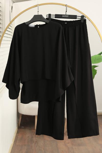 Salaş Arkası Uzun Anvelop Pantolonlu Tencel Takım_Siyah