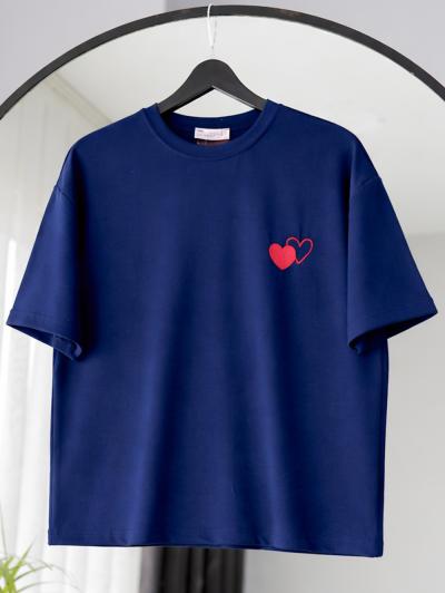 Sıfır Yaka Kalp Nakışlı Oysho T-Shirt_Lacivert