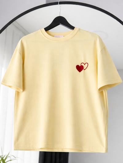 Sıfır Yaka Kalp Nakışlı Oysho T-Shirt_Sarı