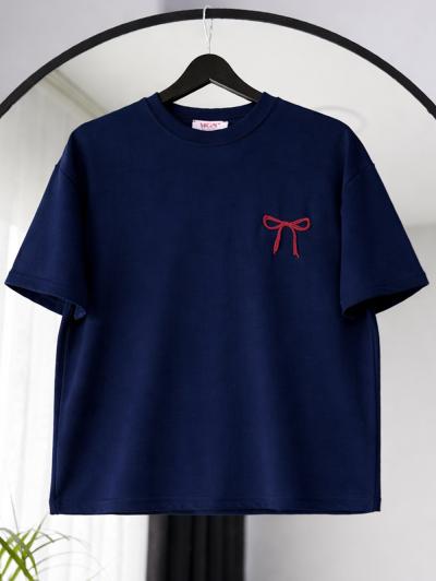 Sıfır Yaka Kurdela Nakışlı Oysho T-Shirt_Lacivert