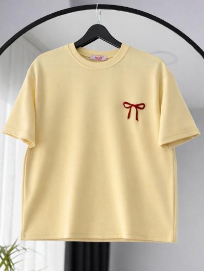 Sıfır Yaka Kurdela Nakışlı Oysho T-Shirt_Sarı