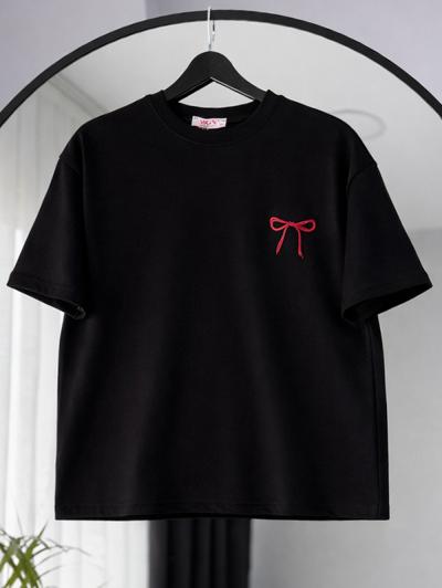 Sıfır Yaka Kurdela Nakışlı Oysho T-Shirt_Siyah