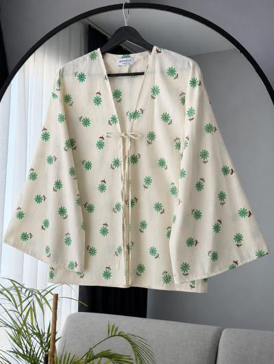 Tek Bağlamalı Çiçek Desenli Pamuk Flam Kimono_Naturel Benetton