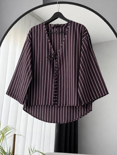 Tek Bağlamalı Tek Çizgili Kimono_Kahve