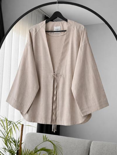 Tek Bağlamalı Keten  Kimono_Bej