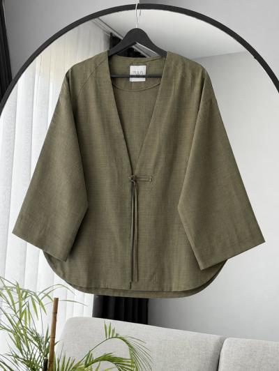 Tek Bağlamalı Keten  Kimono_Haki