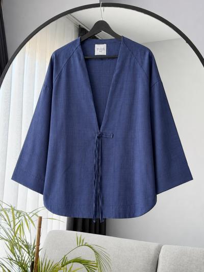 Tek Bağlamalı Keten  Kimono_Lacivert