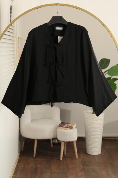 Üç Bağlamalı Verev Modal Kimono_Siyah