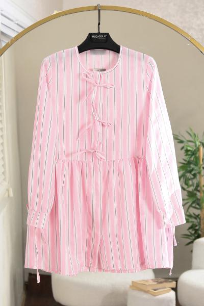 Üç Bağlamalı Sıfır Yaka Büzgülü İnce Çizgili Tunik_Pembe