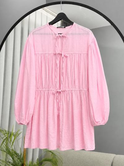 Üç Bağlamalı Büzgülü Oversıze Keten Gömlek_Pembe