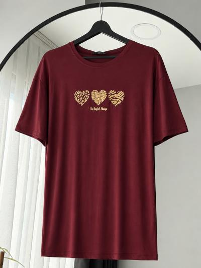 Üç Kalp Baskılı Kısa Kollu T-shırt_Bordo