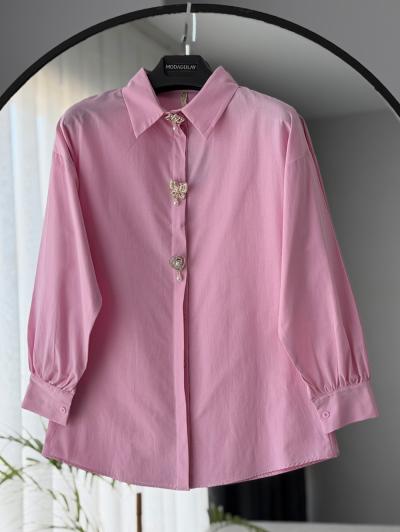 Üçlü Broş Aksesuarlı Poplin Gömlek_Pembe