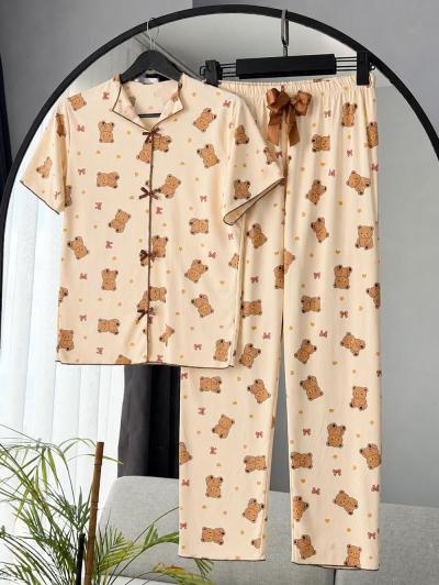 Ufak Ayıcık Desenli Kurdeleli Pijama Takımı_Bej