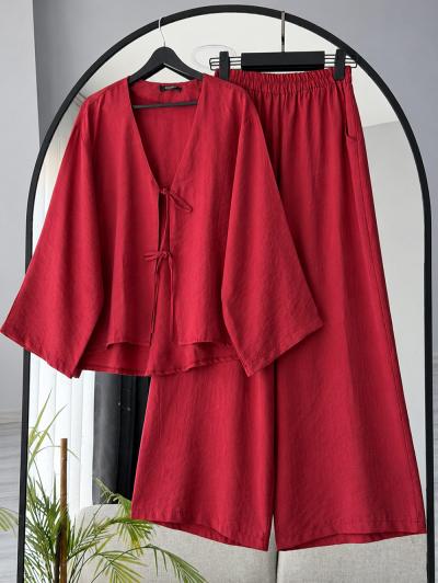 Üstü İki Bağlamalı Pantolonlu Takım_Bordo