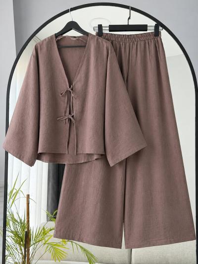 Üstü İki Bağlamalı Pantolonlu Takım_Kahve