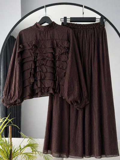 Üstü Kat Kat Volanlı Etekli Tül Modal Takım_Kahve