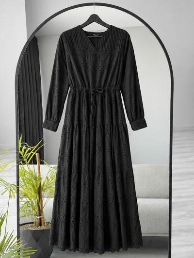 V Yaka Dantel Bağlamalı Fisto Elbise_Siyah