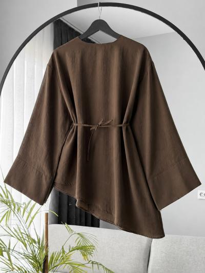 Verev Kesim Oversıze İnce Kuşaklı Tencel Tunik_Açık Kahve