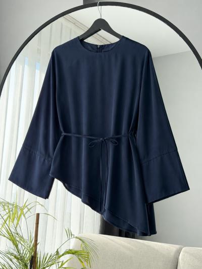 Verev Kesim Oversıze İnce Kuşaklı Tencel Tunik_Lacivert