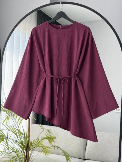 Verev Kesim Oversıze İnce Kuşaklı Tencel Tunik_Mürdüm