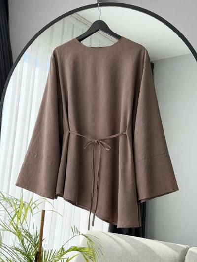 Verev Kesim Oversıze İnce Kuşaklı Tencel Tunik_Sütlü Kahve