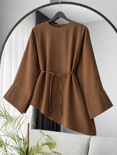 Verev Kesim Oversıze İnce Kuşaklı Tencel Tunik_Tarçın