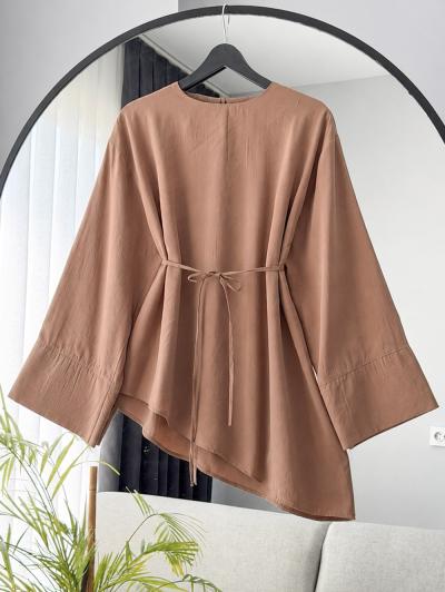 Verev Kesim Oversıze İnce Kuşaklı Tencel Tunik_Latte