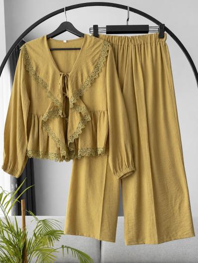 Volanlı Dantel Detaylı Bağlamalı Pantolonlu Takım_Olive